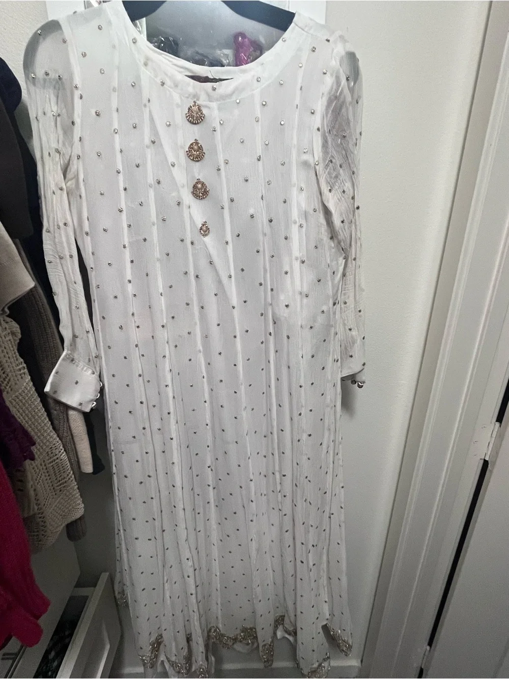 Embroidered White A-Line Dress frock anarkali with Gold Accents Large - Picture 2 of 5